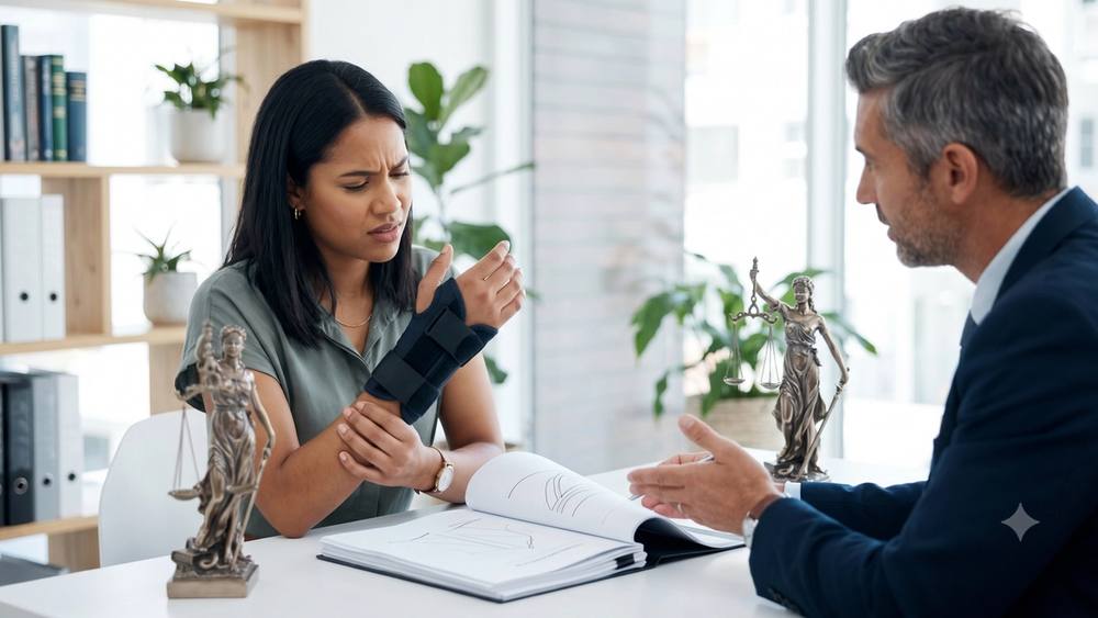 A photo of an injured office worker wearing a wrist brace wincing in pain at her desk while consulting with a lawyer who is pointing to legal papers.