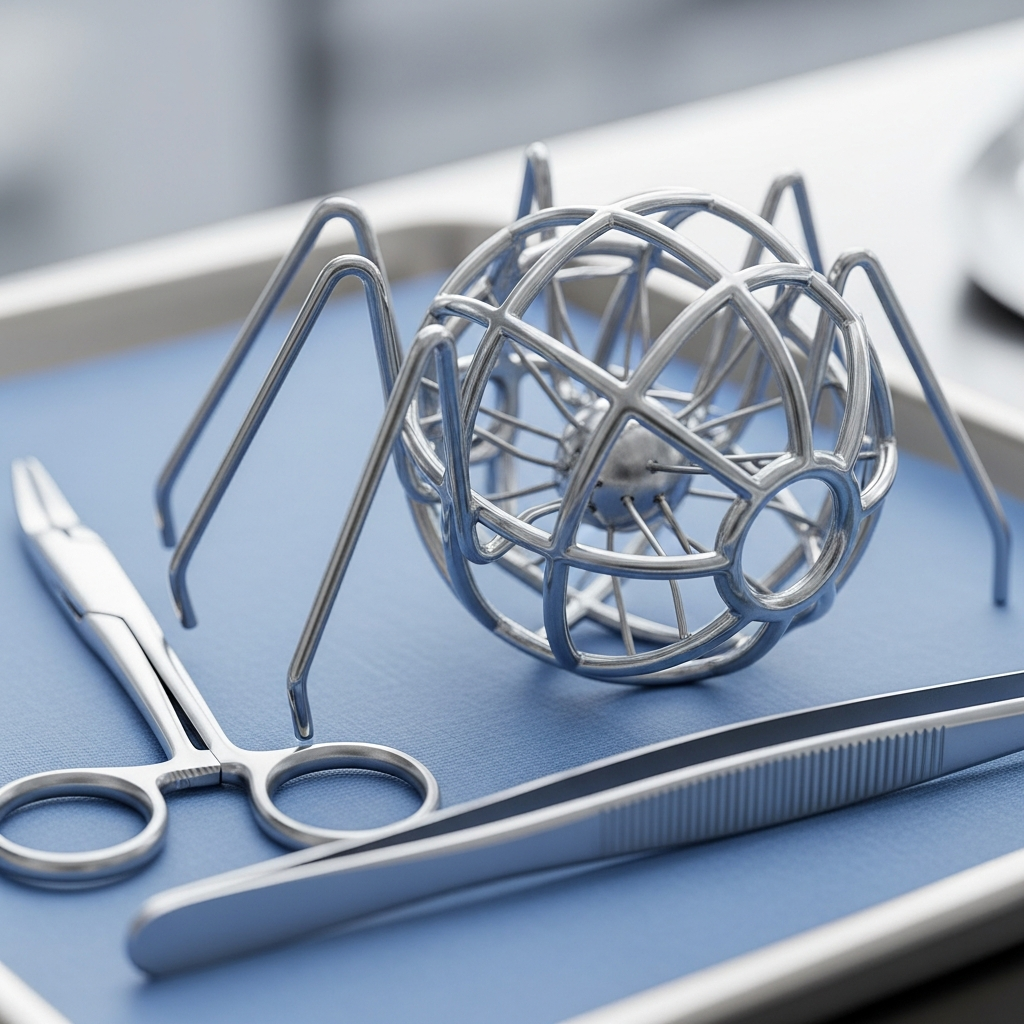 A close-up view of a metallic, spider-like medical device resembling a Gunther Tulip IVC filter resting on a sterile surgical tray next to medical forceps.