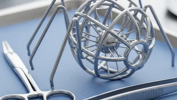 A close-up view of a metallic, spider-like medical device resembling a Gunther Tulip IVC filter resting on a sterile surgical tray next to medical forceps.