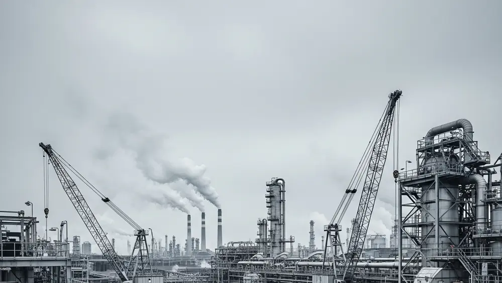 A wide-angle view of an industrial facility with smoke rising in the distance under a gray sky, focusing on heavy machinery and steel structures.