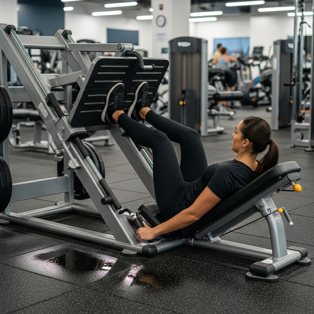 A person using a leg press machine in a modern fitness center, with the safety pin visible and the surrounding gym floor showing a wet spot near the equipment.