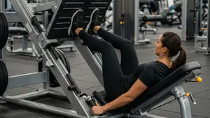 A person using a leg press machine in a modern fitness center, with the safety pin visible and the surrounding gym floor showing a wet spot near the equipment.