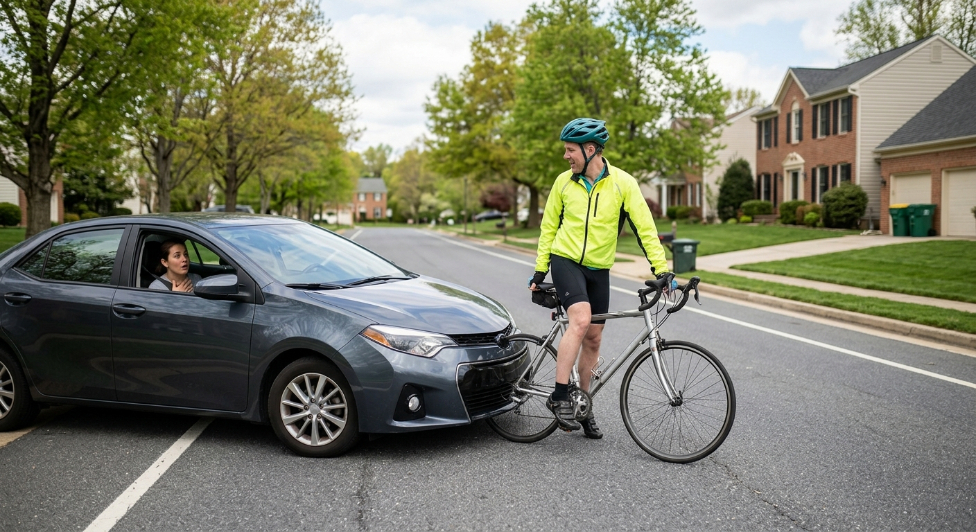 A suburban Maryland road where a car has come to a stop just inches from a bicycle, illustrating a moment of successful accident avoidance and legal last clear chance.