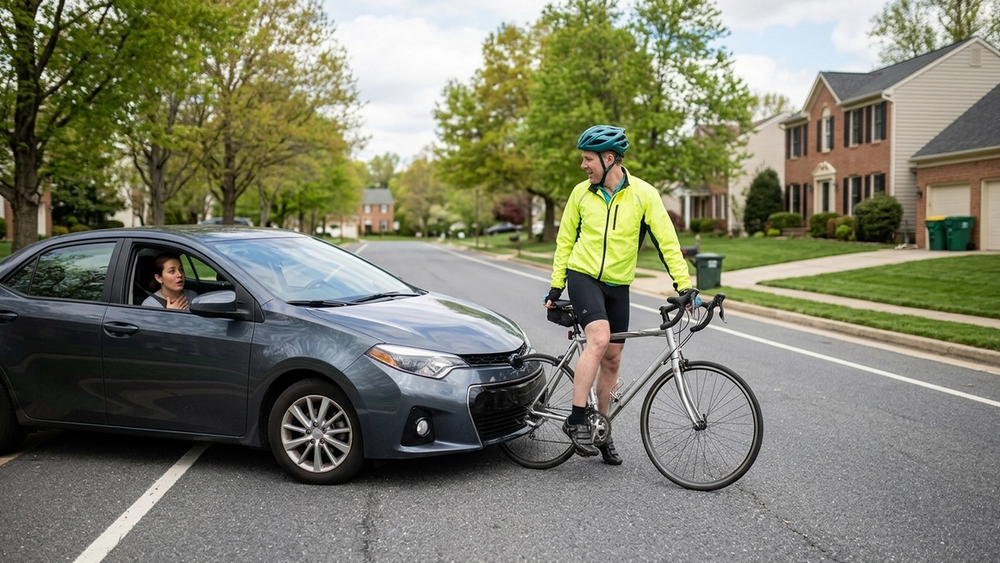 A suburban Maryland road where a car has come to a stop just inches from a bicycle, illustrating a moment of successful accident avoidance and legal last clear chance.