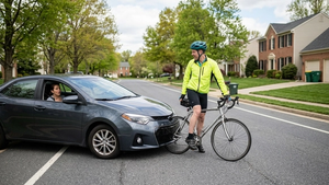 A suburban Maryland road where a car has come to a stop just inches from a bicycle, illustrating a moment of successful accident avoidance and legal last clear chance.