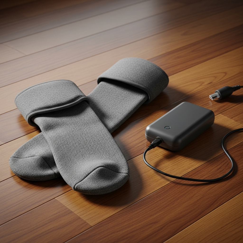 A pair of thick gray battery-powered heated socks sitting on a wooden floor next to a small rechargeable battery pack and a charging cable.