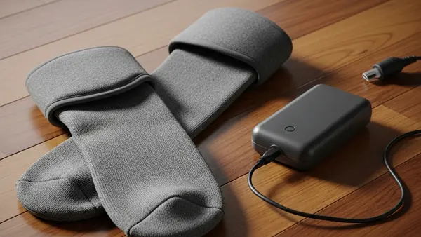 A pair of thick gray battery-powered heated socks sitting on a wooden floor next to a small rechargeable battery pack and a charging cable.