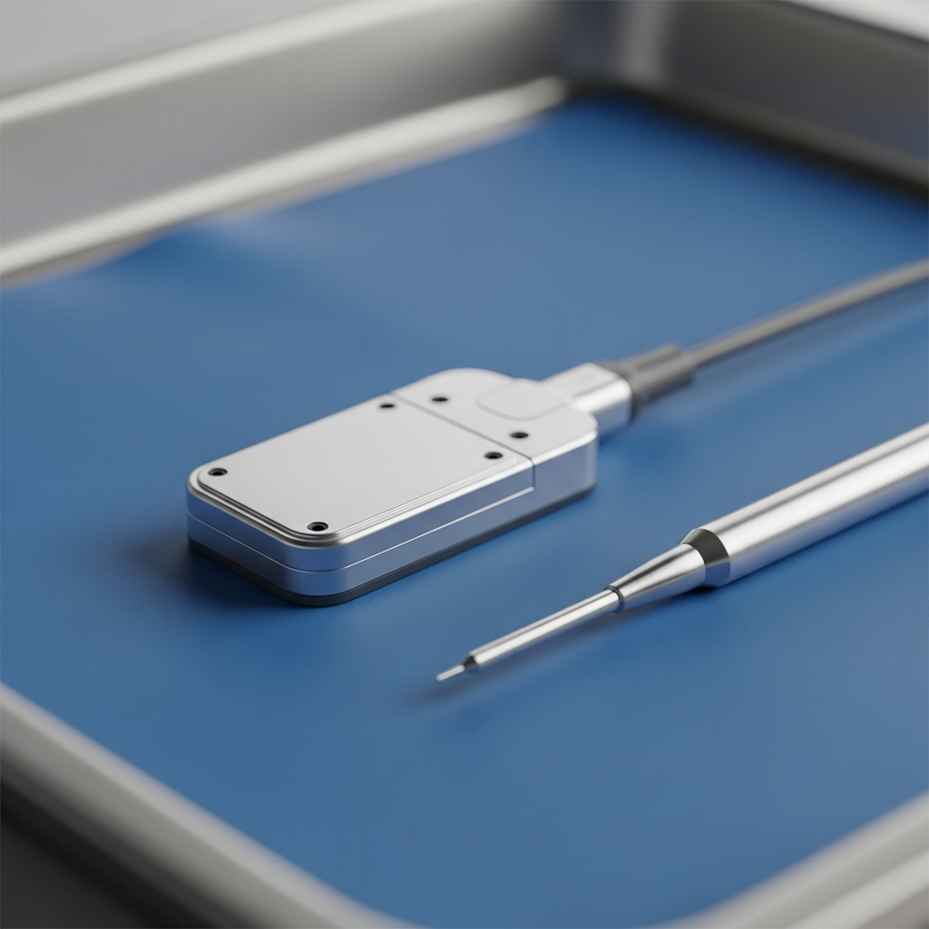 A close-up view of a small, rectangular spinal cord stimulator implant lying on a sterile blue surgical tray next to a medical probe.