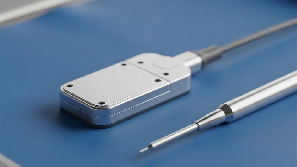 A close-up view of a small, rectangular spinal cord stimulator implant lying on a sterile blue surgical tray next to a medical probe.
