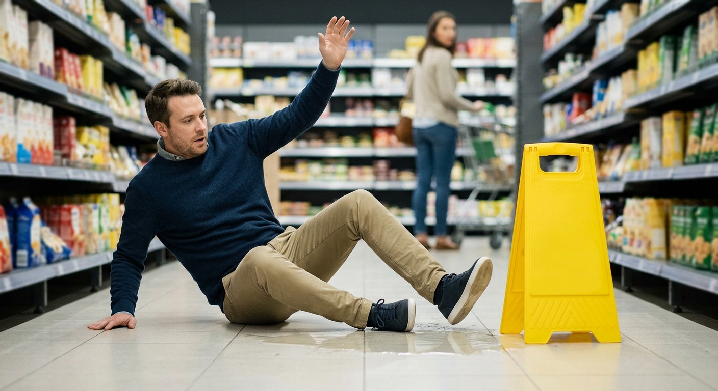 A person slipping on a wet floor in a grocery store aisle next to a yellow caution sign with no text visible