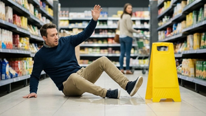 A person slipping on a wet floor in a grocery store aisle next to a yellow caution sign with no text visible