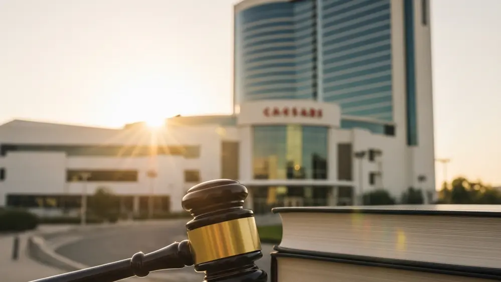 A gavel and law books in front of a corporate office building representing an EEOC lawsuit against Caesars Entertainment.