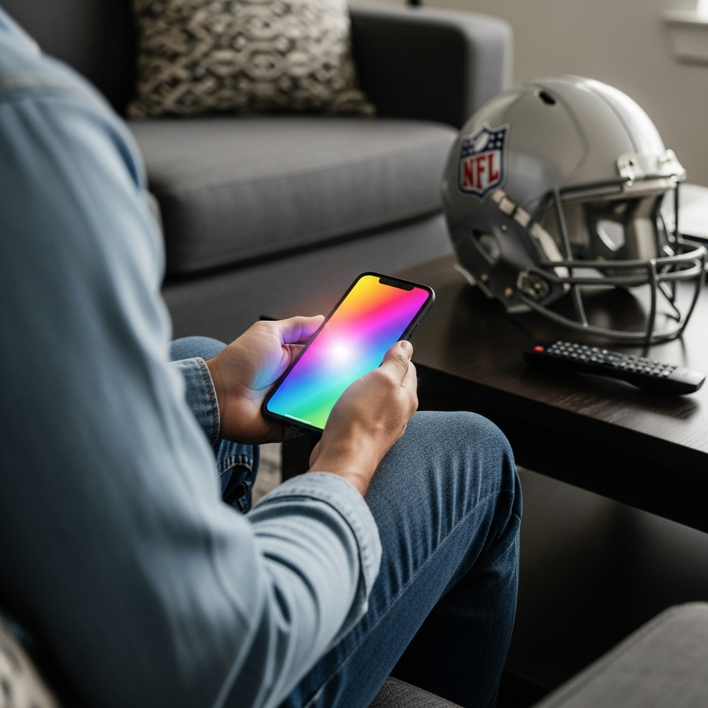 A person sitting on a sofa holding a smartphone that glows with colorful interface elements, while an NFL football helmet and a remote control sit on a nearby coffee table.