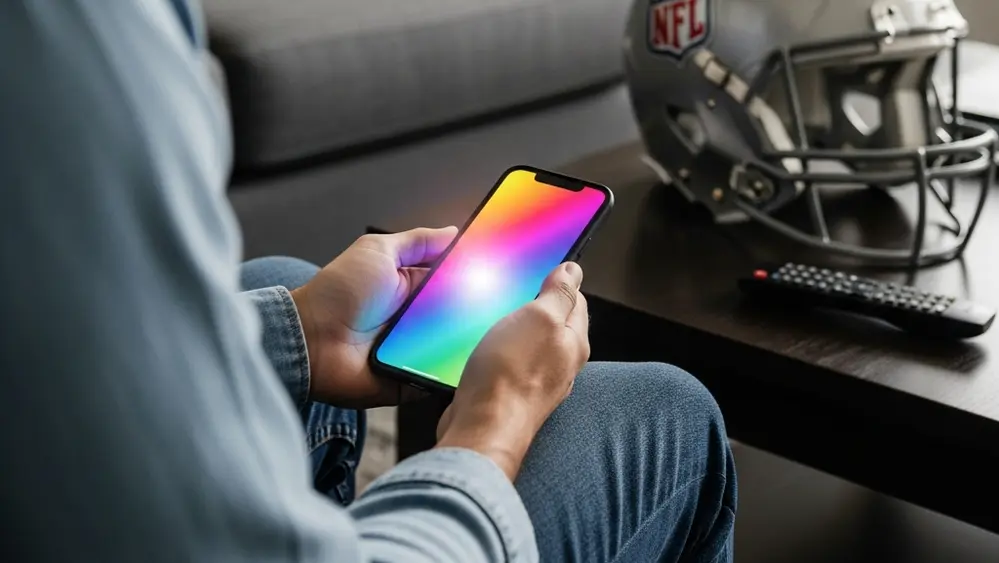 A person sitting on a sofa holding a smartphone that glows with colorful interface elements, while an NFL football helmet and a remote control sit on a nearby coffee table.
