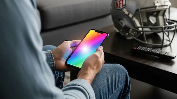 A person sitting on a sofa holding a smartphone that glows with colorful interface elements, while an NFL football helmet and a remote control sit on a nearby coffee table.