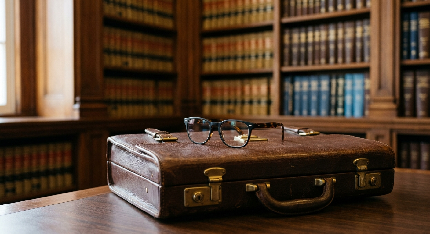 A pair of medical glasses resting on a legal briefcase inside a law library with bookshelves in the background