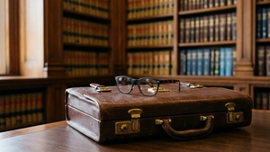 A pair of medical glasses resting on a legal briefcase inside a law library with bookshelves in the background