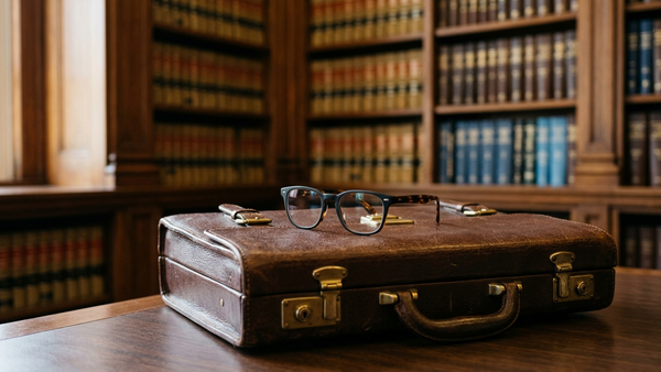 A pair of medical glasses resting on a legal briefcase inside a law library with bookshelves in the background