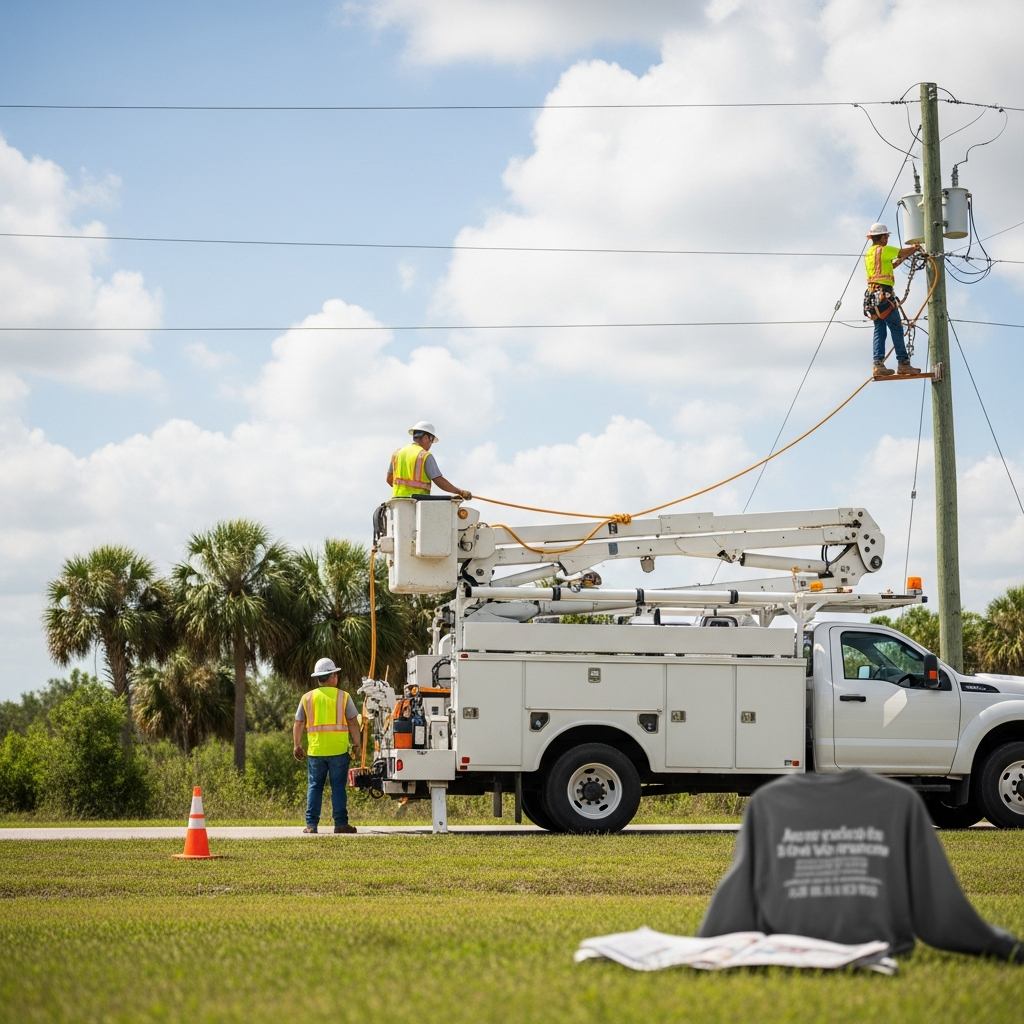 Utility workers in high-visibility gear working on power lines near a utility truck in a Florida landscape with palm trees in the distance.