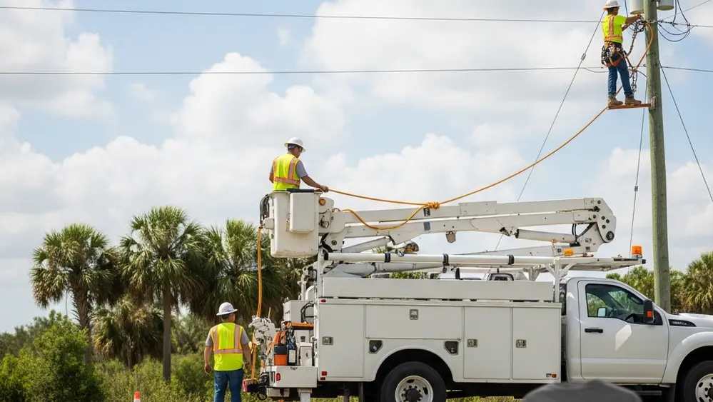 Utility workers in high-visibility gear working on power lines near a utility truck in a Florida landscape with palm trees in the distance.