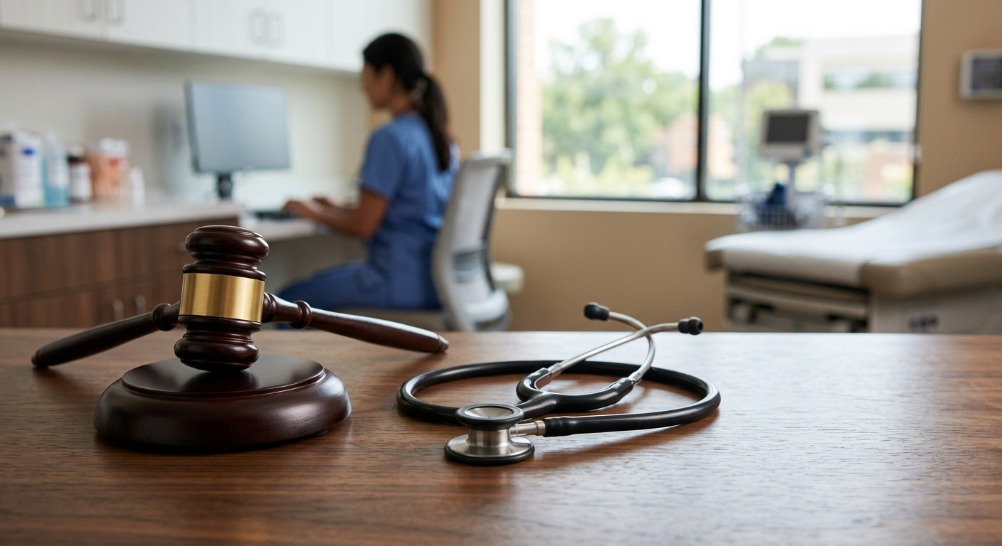 A modern medical office setting with a stethoscope and a legal gavel resting on a wooden desk, symbolizing the intersection of healthcare and law.