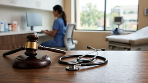 A modern medical office setting with a stethoscope and a legal gavel resting on a wooden desk, symbolizing the intersection of healthcare and law.