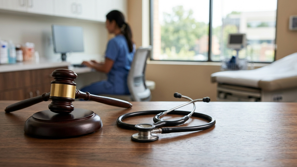 A modern medical office setting with a stethoscope and a legal gavel resting on a wooden desk, symbolizing the intersection of healthcare and law.