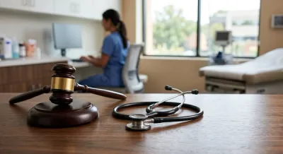 A modern medical office setting with a stethoscope and a legal gavel resting on a wooden desk, symbolizing the intersection of healthcare and law.