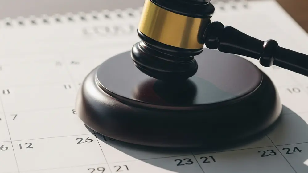 A legal gavel resting on a calendar, symbolizing the strict deadlines of the statute of limitations for personal injury claims.
