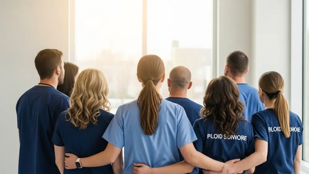 A group of healthcare workers in scrubs standing together in a brightly lit modern hallway, looking toward a large window where soft sunlight is coming through.