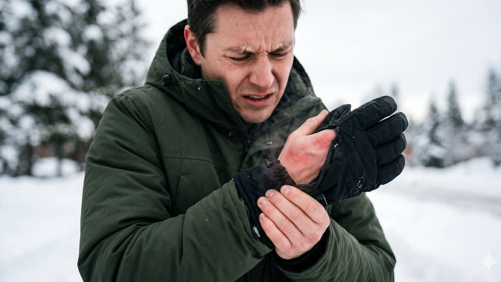 A man in a winter jacket grimacing in pain from a burn injury caused by a malfunctioning electric heated glove.