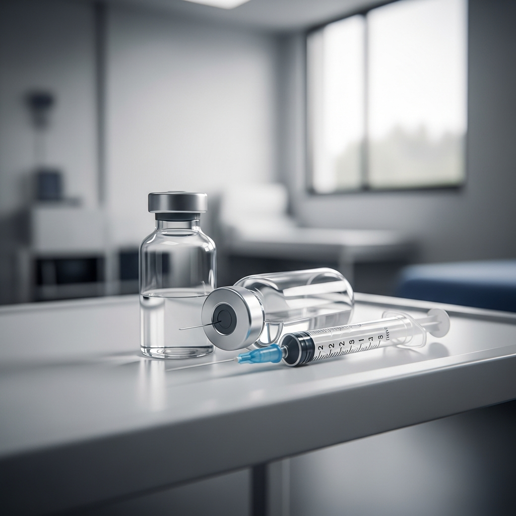 A close-up of a medical glass vial and a syringe resting on a white hospital table in a modern clinic setting.