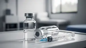 A close-up of a medical glass vial and a syringe resting on a white hospital table in a modern clinic setting.