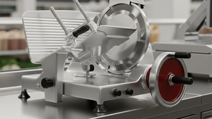 A professional industrial meat slicer with a sharp circular blade sits on a stainless steel commercial kitchen counter in a grocery store.