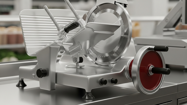 A professional industrial meat slicer with a sharp circular blade sits on a stainless steel commercial kitchen counter in a grocery store.