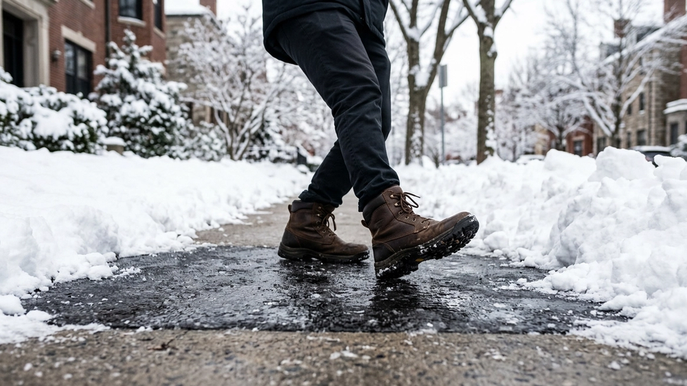 A pair of winter boots slipping on a patch of black ice on a paved sidewalk with snow piled on the sides during a winter day in Massachusetts.