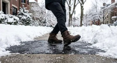 A pair of winter boots slipping on a patch of black ice on a paved sidewalk with snow piled on the sides during a winter day in Massachusetts.