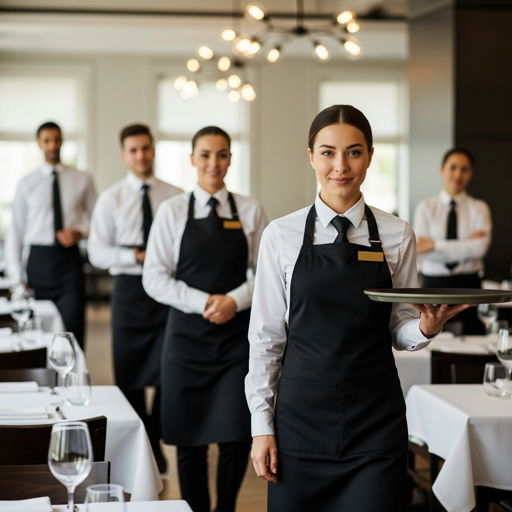 A group of restaurant servers standing in a modern dining room, one holding a tray, without any visible signs or text.