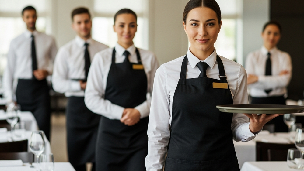 A group of restaurant servers standing in a modern dining room, one holding a tray, without any visible signs or text.
