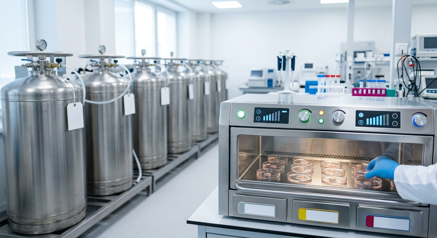 A close-up view of a specialized laboratory incubator in a modern fertility clinic, with rows of cryopreservation tanks and sterile medical equipment in a brightly lit setting.