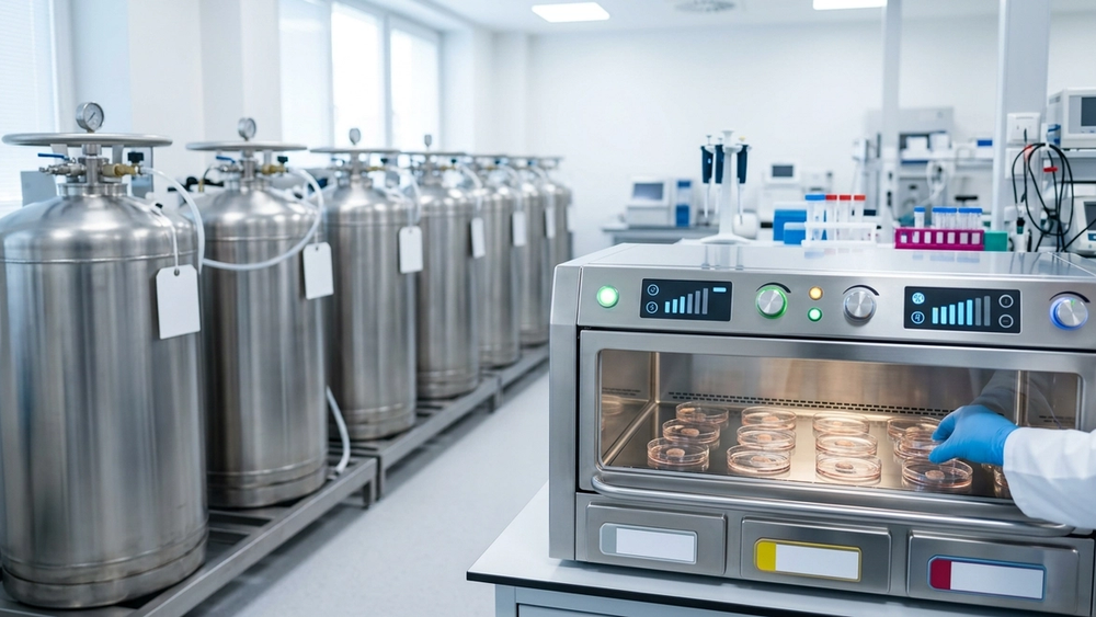 A close-up view of a specialized laboratory incubator in a modern fertility clinic, with rows of cryopreservation tanks and sterile medical equipment in a brightly lit setting.