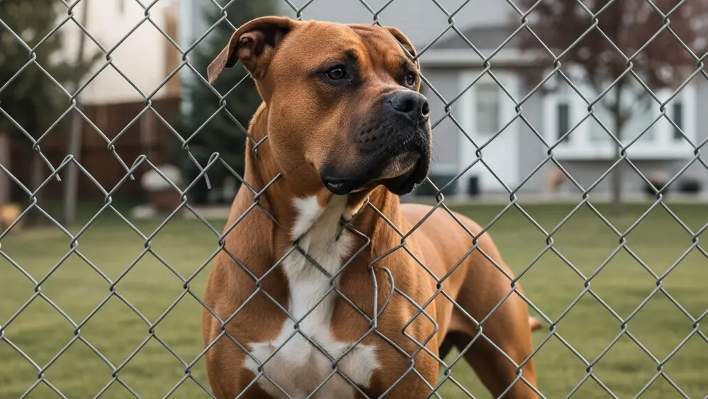 A large, muscular dog standing behind a chain-link fence in a suburban backyard.