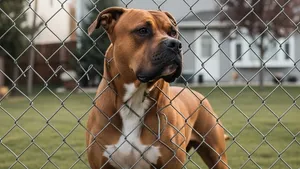 A large, muscular dog standing behind a chain-link fence in a suburban backyard.