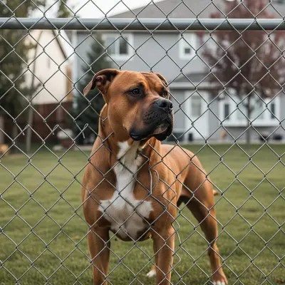 A large, muscular dog standing behind a chain-link fence in a suburban backyard.