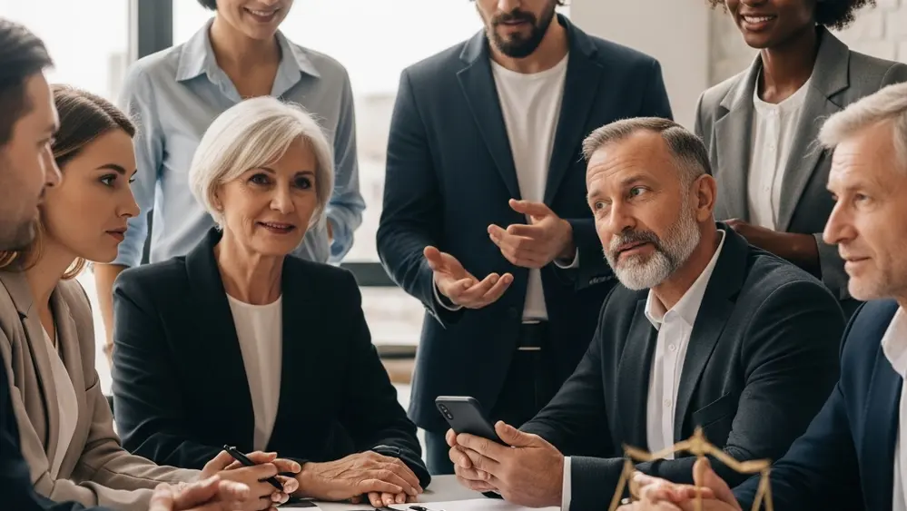 A professional setting with legal gavel and a diversity of employees representing workplace rights and 2026 discrimination trends.