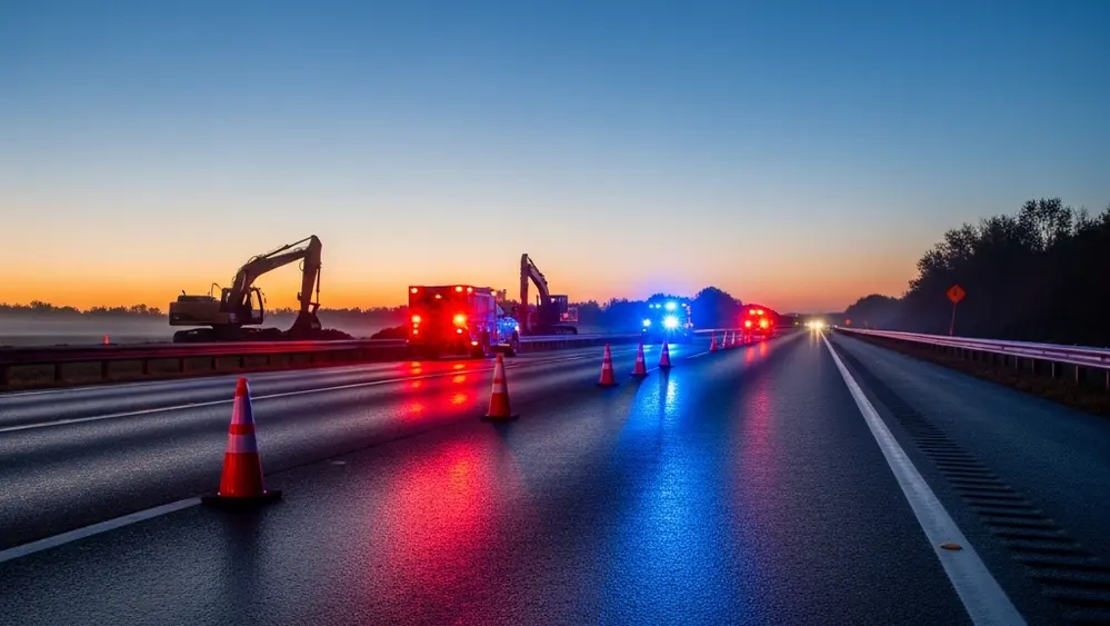 A view of a highway at dusk with emergency vehicle lights reflecting on the pavement near safety cones and construction equipment.