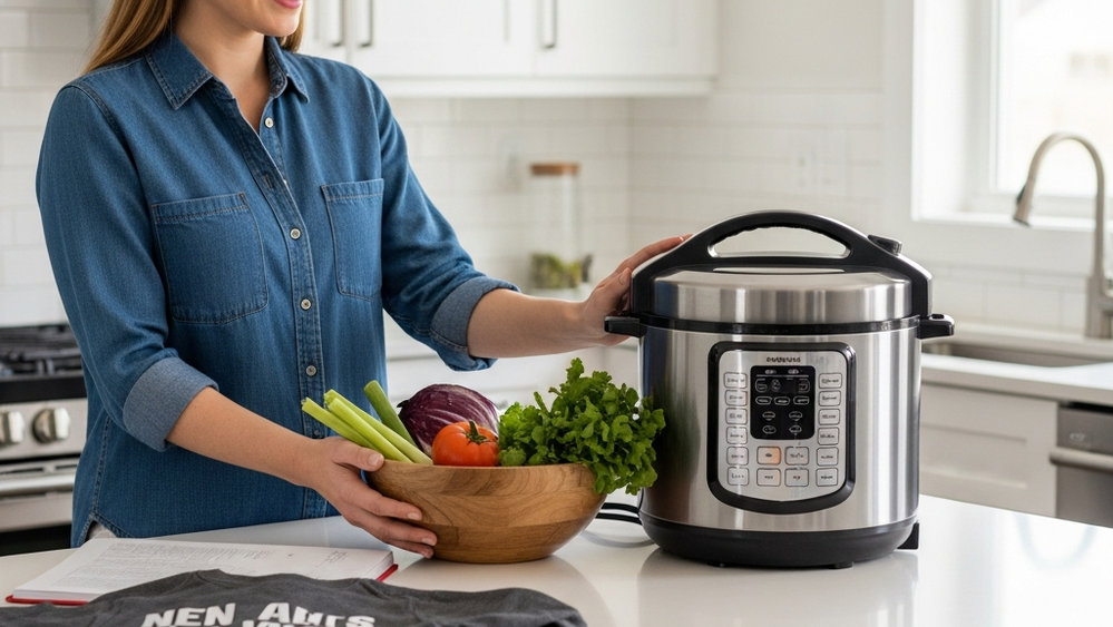 A modern kitchen countertop with a large stainless steel electric pressure cooker sitting near a bowl of fresh vegetables.