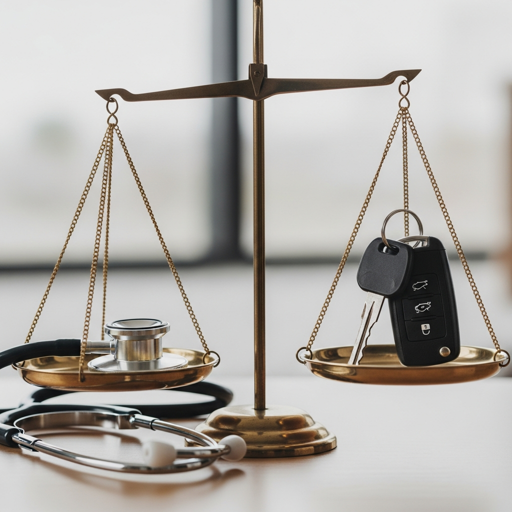 An abstract representation of a balance scale with a medical stethoscope on one side and a set of car keys on the other, symbolizing the comparison of legal rules.