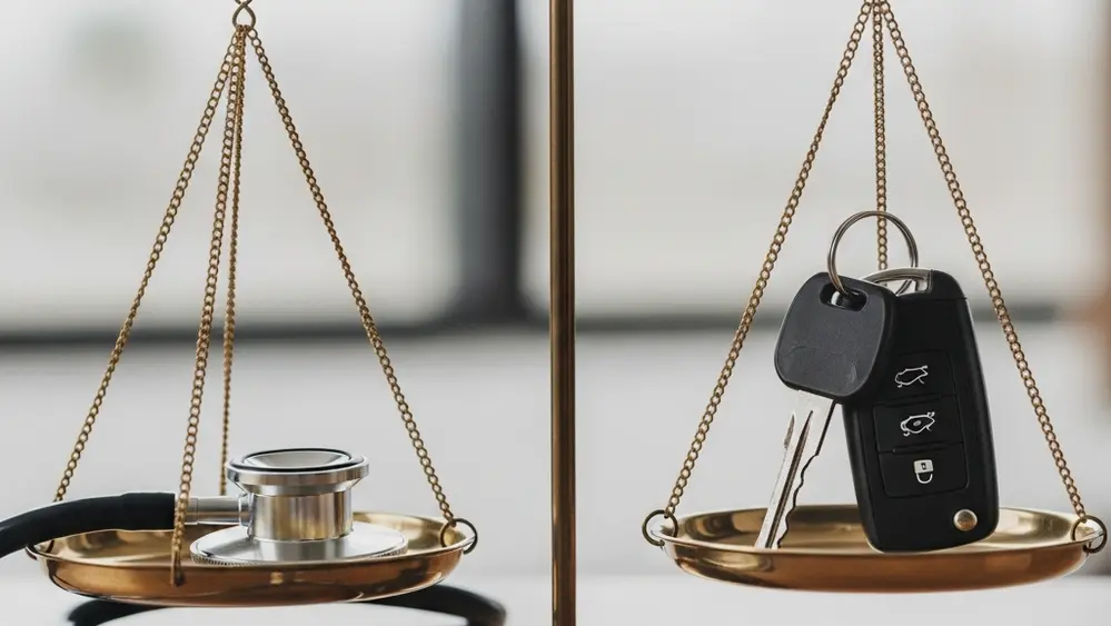 An abstract representation of a balance scale with a medical stethoscope on one side and a set of car keys on the other, symbolizing the comparison of legal rules.