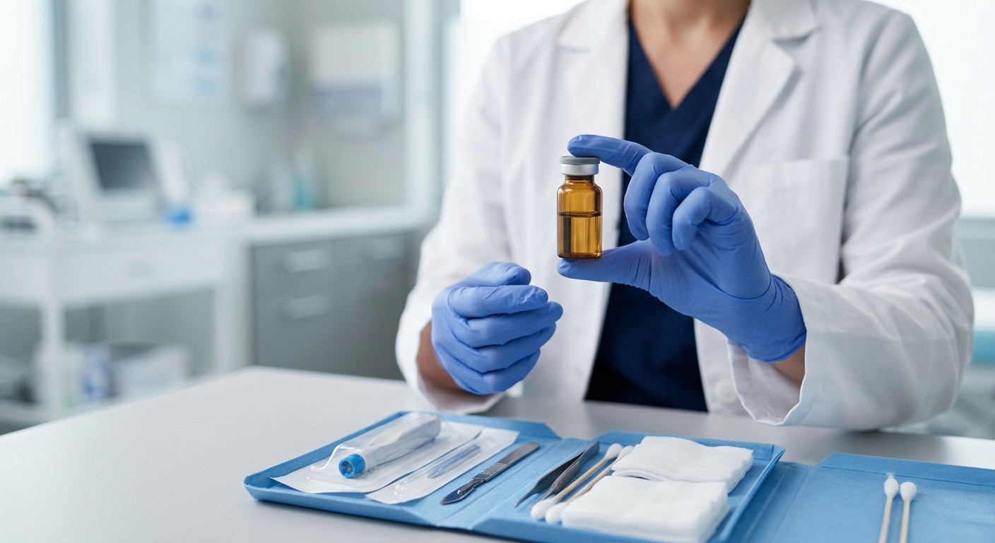 A close-up of a healthcare professional in a lab coat holding a small medical vial of injectable medication next to a sterile skin biopsy medical kit.
